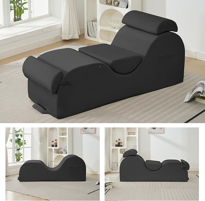 ijuicy Sleek Chaise Lounge Chair for Exercise, Indoor Lounger with Headrest, Waist Cushion, Movable Footrest, Side Pockets, Non-Slip Bottom, High Density Sponge, Dark Grey