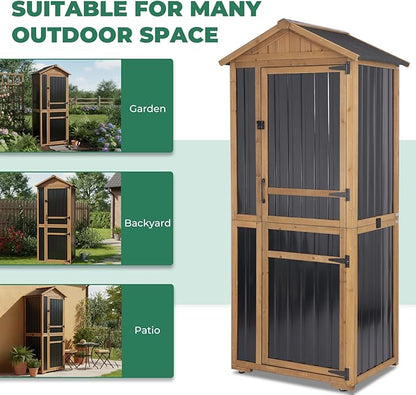 Large Outdoor Storage Cabinet with 4 Shelves, Wood Outdoor Storage Shed with Weatherproof Roof, Lockable Doors, Tall Outdoor Patio Cabinets for Garden Tool and Accessories, Brown