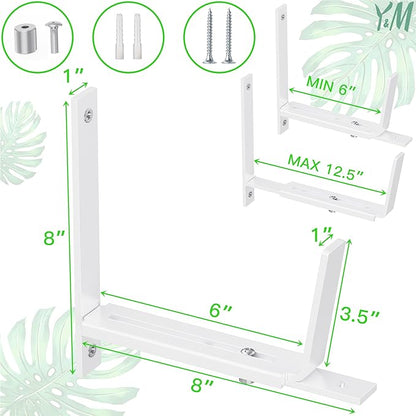 Y&M 6 Pack Adjustable Planter Brackets (6 to 12.5 in), Universal Window Box Brackets, Heavy Duty Iron Flower Box Wall Mounting Hooks for Balcony, Fences, Patio, and Garden - White