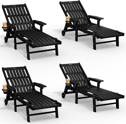 Patio Chaise Lounge Chair Set of 4, Oversized Lounge Chair Outdoor with 5 Positions, HDPE, Patio Lounge Chair with Wheels & Cup Holder for Pool, Deck, Poolside,Black