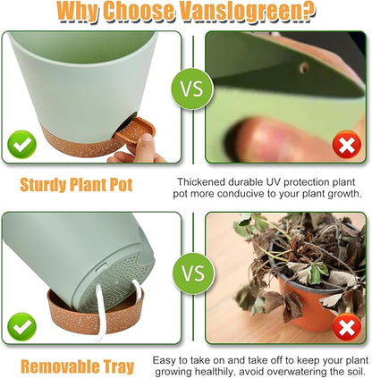 Planters for Indoor Plants 7/6.5/6/5.5/5 Inch, Self Watering Planters with Drainage Holes and Saucers 5 Pack Plastic Pots for Plants, Succulents, Herbs, Cactus, Flower Pots, Green