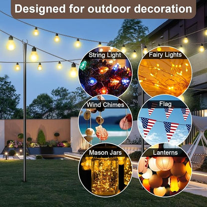 6 Pack 9FT String Light Poles for Outdoor,Metal Lights Hanging Pole Outside with Fork,Light Stand for Patio, Pergola, Garden, Backyard, Yard, Camping Party