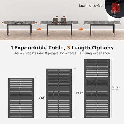 Expandable Aluminum Outdoor Dining Table, 3-Adjustable Lengths Patio Dining Table for 6-10 Person, 91.7" L x 33.5" W Metal Patio Table with Umbrella Hole Adjustable Feet for Garden Porch Deck, Grey