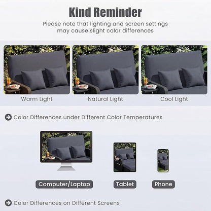 HAPPYGRILL Patio Rattan Wicker Daybed with Loveseat & Storage Ottoman, Outdoor Lounge Sofa Furniture Set with Adjustable Backrest & Side Trays, for Poolside Deck Porch Lawn (Black & Gray)