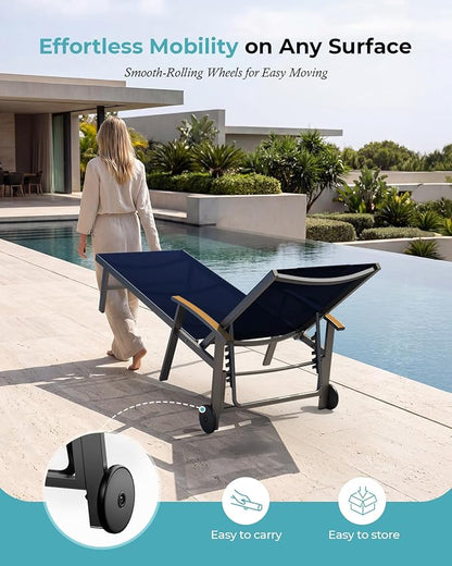 Ciokea Outdoor Lounge Chair with Pillow Set of 4, 5-Position Chaise Lounge with Wheels & Armrests, 400 lbs Heavy Duty Aluminum Pool Lounge Chairs, for Beach, Deck, Poolside & Backyard, Navy Blue