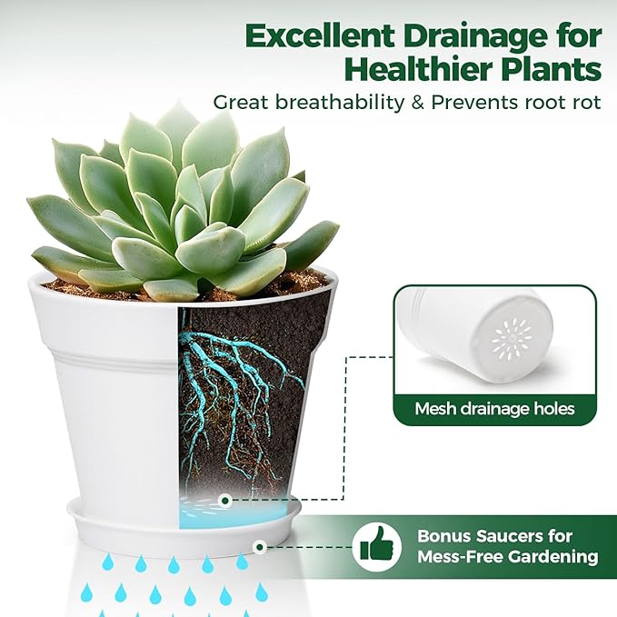 T4U Flower Pots 18-Pack, 5 Inch Plant Pot with Saucer and Drainage Hole, Durable Plastic Flower Pots, Small Pots for Plants, Violet, Succulent and Indoor Plant Decorative (18 Pack 5" Pot, White)