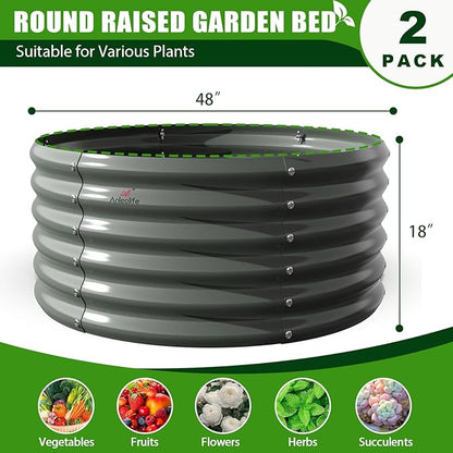 A ANLEOLIFE 2-Pack 4ft x 18” Tall Galvanized Raised Garden Beds Outdoor, Round Metal Planter Box for Planting Vegetables Flowers Herb, Anti-Rust & Easy-Setup, Quartz Grey