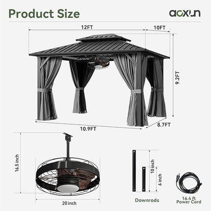 Aoxun 10'x12' Hardtop Gazebo, Aluminum Frame Canopy with Double Galvanized Steel Roof, Outdoor Metal Pavilion with Netting Curtains and 20 inch Ceiling Fans with Lights for Backyard, Patio and Deck