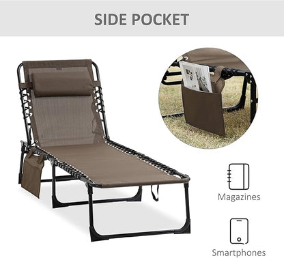 Outsunny Chaise Lounge Chair Outdoor, 5-Position Adjustable Sun Tanning Chair with Carrying Handle and Side Pocket, Folding Bed Cot with Removable Pillow for Garden, Beach, Patio, Pool, Camp, Brown