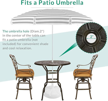 VIVIJASON 3-Piece Patio Swivel Bar Stools Set, All Weather Cast Aluminum Outdoor Bar Height Bistro Set with 2 Cushioned Bar Chairs & 38.5" High Bar Table w/Umbrella Hole for Backyard, Lawn, Garden