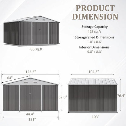 Greesum 10×8FT Outdoor Storage Shed, Metal Patio Storaged Sheds with Lockable Doors, Sheds & Outdoor Storage for Patio, Backyard, Pool and Garden, Gray