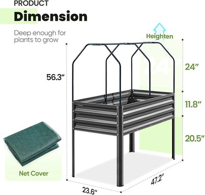 KING BIRD Large Raised Garden Bed with Netting Galvanized Elevated Planter Box with Legs 48×24×56 in for Backyard, Patio, Balcony, 400lb Capacity, Dark Grey
