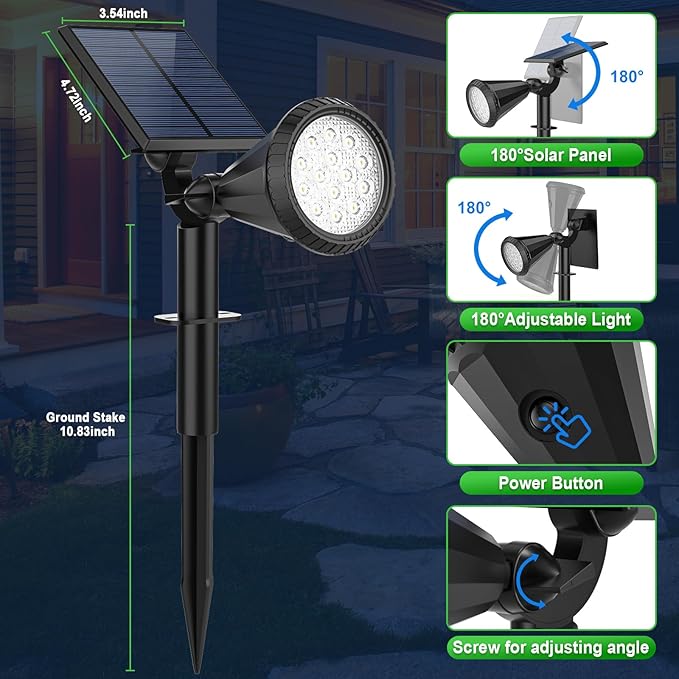 Solar Spot Lights Outdoor Waterproof 180° Adjustable Solar Powered Landscape Lights for Yard 4 Lighting Modes Solar Spotlights for Pathway Garden Outside Wall Pool Porch (2 Pack, Cool White)