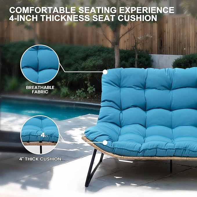 Crestlive Products Patio Loveseat, All-Weather Rattan Large Furniture with Soft Cushions, Outdoor Loveseat for Balcony, Poolside, Backyard (Blue)