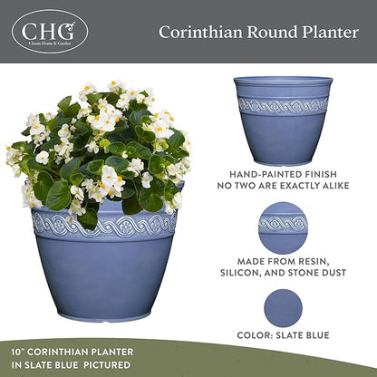 Classic Home and Garden Corinthian Round Resin Flower Planter Pot, Slate Blue 8" (Pack of 3)