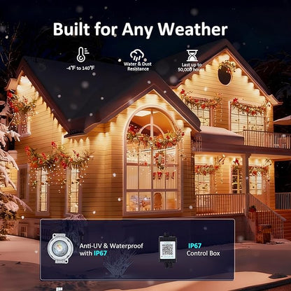 RGB Permanent Outdoor Lights, 50FT LED Eaves Lights with Smart App Remote Control, IP67 Waterproof, Music Sync, Timing Function for Christmas, Party, All Holiday Decorations