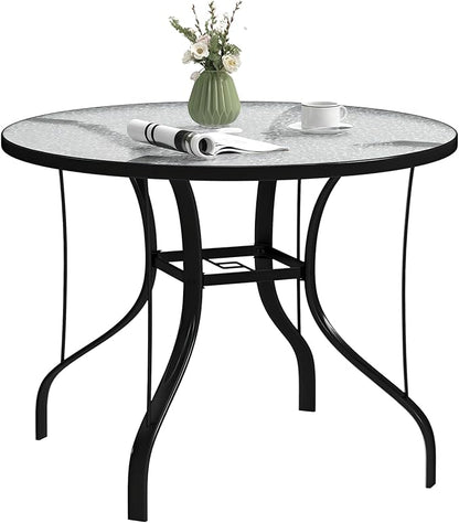 Outsunny 38" Round Patio Table with Umbrella Hole, Outdoor Dining Table Tempered Glass Metal Frame Bistro Table, for Deck, Yard, Balcony, Lawn, Pool, Black