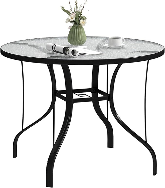 Outsunny 38" Round Patio Table with Umbrella Hole, Outdoor Dining Table Tempered Glass Metal Frame Bistro Table, for Deck, Yard, Balcony, Lawn, Pool, Black