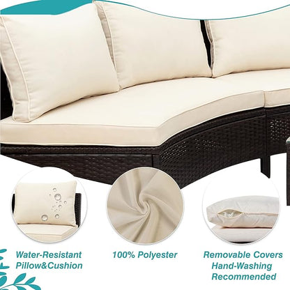 Merax 5-Piece Outdoor Sectional Sofa Set, All-Weather PE Wicker Patio Furniture with Tempered Glass Table, Half-Moon Conversation Set for Garden, Deck, Backyard Living Area,Beige
