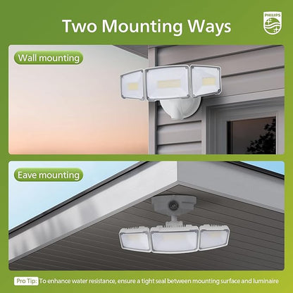 Philips 72W 7400LM LED Flood Lights Outdoor, Dusk to Dawn Aluminum Security Lights, 3 Adjustable Heads, Wall Mount, 5000K Daylight, Waterproof for Yard, Garage