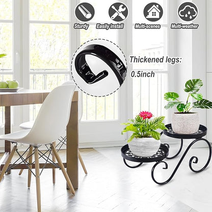 2 Tier Black Plant Stand, Metal Flower Stand Indoor Outdoor, Anti-Rust Iron Plant Shelf, Round Flower Pot Stands for Multiple Plants, Display Rack Potted Plant Holders for Garden Home Decor