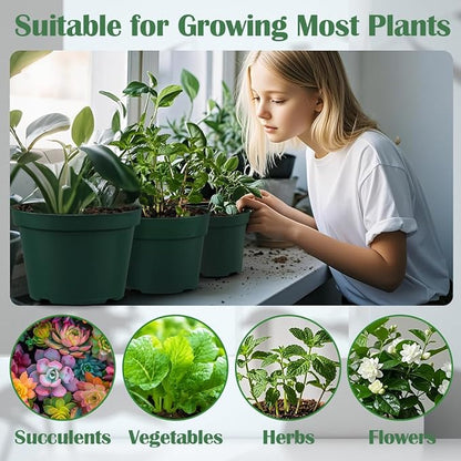 15 Pack 4/6/8 Inch Plant Nursery Pots, Sturdy Plant Pots with Drainage Holes, Ideal for Seedlings, Indoor/Outdoor Use, Green