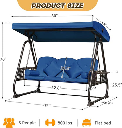 3 in 1 Outdoor Porch Swing with Adjustable Canopy, 3 Seat Outdoor Swing for Adults, Patio Swing Chair with Thickened Cushions,Pillows & Cup Holders for Backyard, Porch, Garden (Blue)