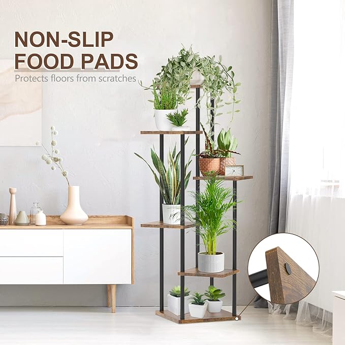 6 Tier Tall Plant Stand Indoor Outdoor, Large Wood Metal Planter Shelf Holder for Narrow Corner, Sturdy Vertical Multiple Flower Orchid Pot Decorative Rack for House Living Room Bedroom Office, Rustic Black