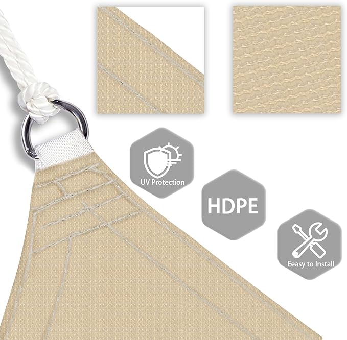Patio Paradise 18' x 18' x 18' Sun Shade Sail Triangle Canopy Shade Cloth Fabric Sunlight Block Patio Pergola Cover HDPE Deck Awning for Outdoor Backyard Roof Shading, Sand