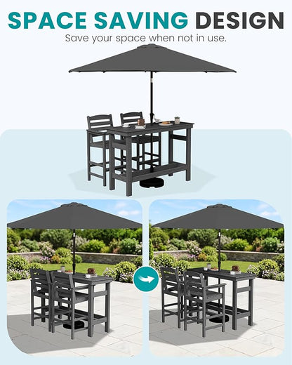 SERWALL Outdoor Bar Set with 9ft Umbrella, All-Weather HDPE Patio Bar Chairs and Table, Outdoor Furniture Set for Poolside, Backyard, Garden - Grey