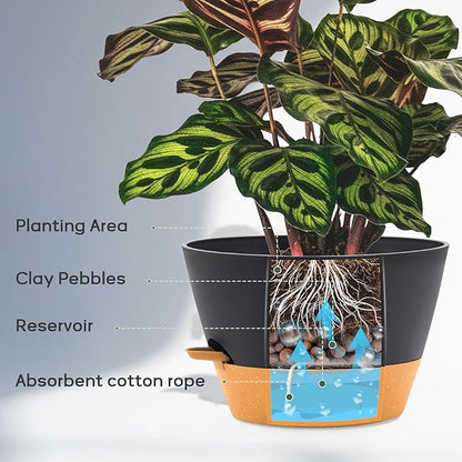 12-Inch Self Watering Planters with Drainage Holes, Large Flower Pots for Indoor Outdoor Plants, Garden Pots Grey