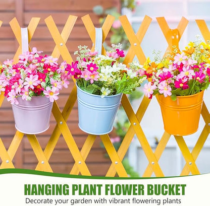 OBTANIM 12 Pack Metal Hanging Flower Pots Railing Planter Outdoor Fence Hanging Bucket Plant Holder with Detachable Hooks Drain Holes for Home Garden Yard Decor (Mixed Color, 4 x 4 Inch)