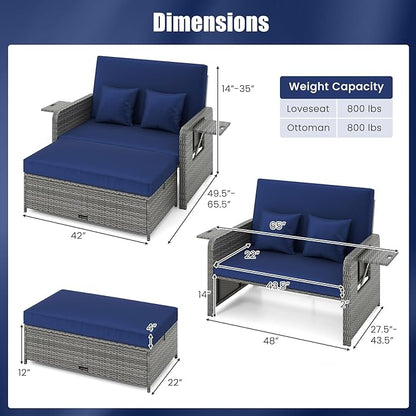 HAPPYGRILL Patio Rattan Wicker Daybed with Loveseat & Storage Ottoman, Outdoor Lounge Sofa Furniture Set with Adjustable Backrest & Side Trays, for Poolside Deck Porch Lawn (Mix Grey & Navy)