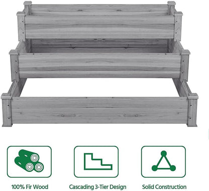 Yaheetech 3 Tier 47 x 47 x 22in Raised Garden Bed Horticulture Outdoor Elevated Flower Box Tiered Garden Bed Wooden Vegetables Growing Planter for Backyard/Patio/Gardener, Gray
