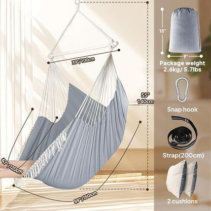 Chihee Hammock Chair 4.9ft x 3.9ft Max 500 Lbs Widen Hanging Swing 2 Cushions Included Metal Spreader Bar with Anti-Slip Grooves Portable Comfy Hanging Chair Side Pocket Bohemian Chair Indoor Outdoor