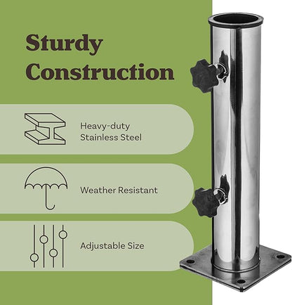 Pure Garden Deck Umbrella Base - Adjustable Inground Umbrella Stand for 1.25-2.2in Diameter Pole - Flagpole Holder or Patio Umbrella Stand (Silver)