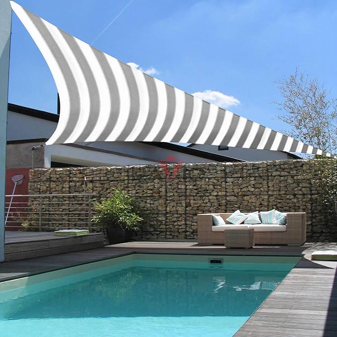 Patio Paradise 22' x 22' x 22' Sun Shade Sail Triangle Canopy Shade Cloth Fabric Sunlight Block Patio Pergola Cover HDPE Deck Awning for Outdoor Backyard Roof Shading, Gray White Strip