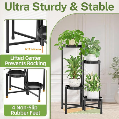 iDavosic.ly Plant Stand Indoor Outdoor, 4 Tier Corner Metal Flower Display Holder Shelf, Easy Assembly Folding Tall Orchid Rack for Patio Balcony Porch Garden Living Room House, Black