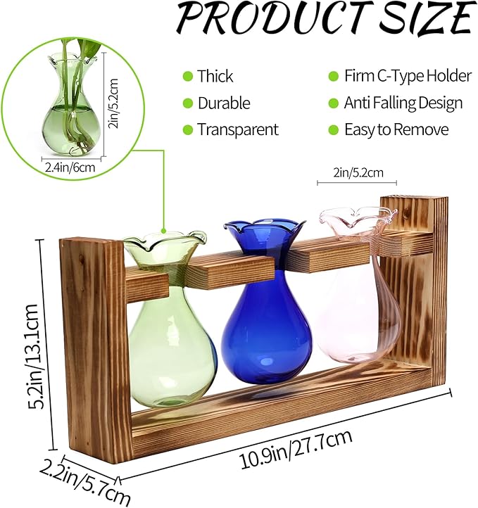 Terrarium Propagation Station with Three Glass Bulbs and Wooden Stand