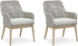 Signature Design by Ashley Seton Creek Cottage Nuvella Weather Resistant Fabric Outdoor Dining Arm Chair with Cushion, Set of 2, Light Brown & Light Gray