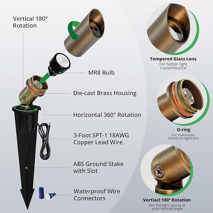 GKOLED Mini Size Brass Landscape Spotlight, Low Voltage 12V AC/DC Outdoor Directional Up Light, 180 LM, 3W MR8 LED Bulb ABS Ground Stake, 2700K Warm White, Garden Patio Trees Spot Uplight