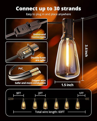 VIPAR Outdoor String Lights 60FT LED Patio Lights LED Waterproof with 26+2 Shatterproof ST38 Edison Bulbs, 2700K Connectable Outside Hanging Light for Porch, Garden, Backyard, Deck, Balcony, Decor