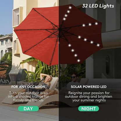 JEAREY 9FT Outdoor Patio Umbrella with Solar Lights, LED Lighted Pool Umbrella with Tilt and Crank, Outdoor Table Umbrellas for Deck, Yard & Market (Red)