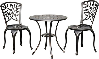 DWVO 25 Inches Round Patio Dining Table with Umbrella Hole, Antique Cast Aluminum Outdoor Bistro Table Outdoor Side Table for Backyard, Garden, Patio, Porch, Hammered Bronze