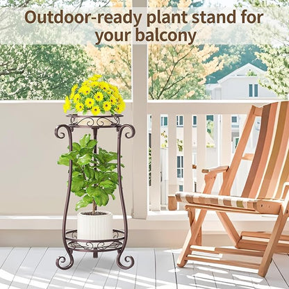 LASZOLA 2 Tier Bronze Metal Plant Stand for Multiple Large Planters Indoor Outdoor Organizer, Heavy Duty Tall Flower Stand for Corner Patio Bathroom Office, Modern Sturdy Vertical Iron Rack, Cat Proof
