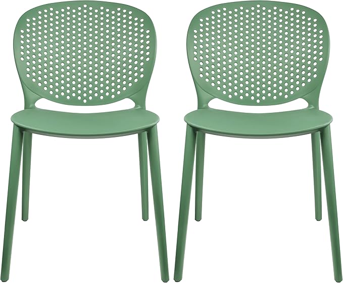 Green Plastic Patio Dining Chair Set of 2, Stackable & Weatherproof
