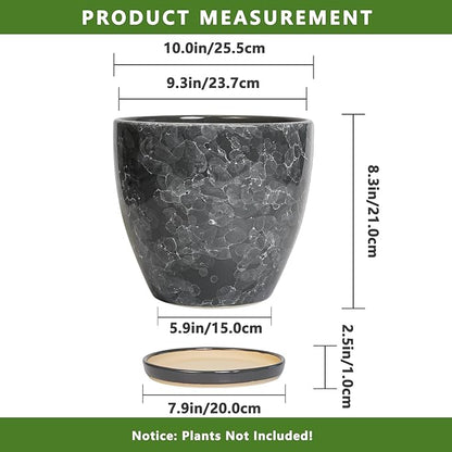 Ceramic Pots for Plants - 10 Inch Planter for Indoor Outdoor, Decorative Round Flower Pot with Drainage Hole and Saucer, Garden Patio Living Room Home Decor, Housewarming Gifts, Grey
