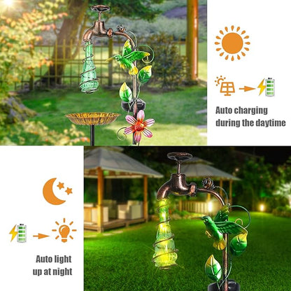 Bshine Solar Garden Decoration Outdoor Light - Waterdrop Metal Hummingbird Solar Stake,Waterproof Garden Decor Path,Lawn and Yard Art Gift for Mom, Green