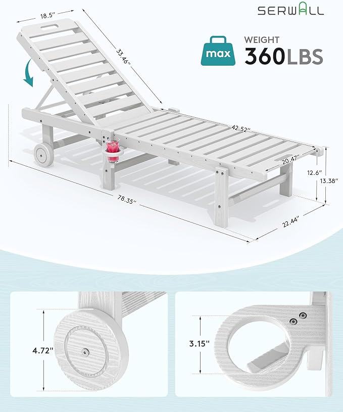 SERWALL Outdoor Chaise Lounge Chair, Pool Lounge Chair with 5 Positions Adjustable Backrest, HDPE Lounger with Rolling Wheels & Cup Holder for Poolside, Beach, Garden, White