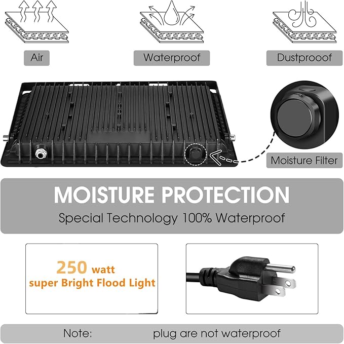 2 Pack 250W Led Flood Lights Outdoor,Super Bright 37000LM Security Lights with Plug,Exterior IP66 Waterproof 5000K Daylight White FloodLight for Basketball Court, Yard, Garden,Parking lot etc